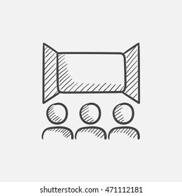 Viewers watching motion picture at movie theatre sketch icon for web, mobile and infographics. Hand drawn vector isolated icon.