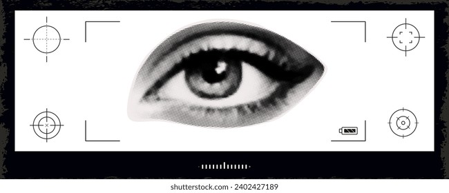 Visor, foco de cámara. fotograma, captura de cámara, grabación de vídeo, descripción general de la escena. Enfoque ocular y ajuste de escala. Arte contemporáneo, collage de media tonalidad. Recorte de revista. Vector.