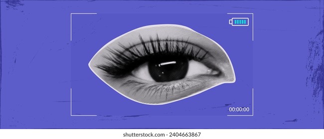 Viewfinder, camera focus. Photo frame, camera capture, video recording viewing, scene overview. Eye focusing and scale adjustment. Contemporary art, halftone collage. Magazine clipping. Vector.