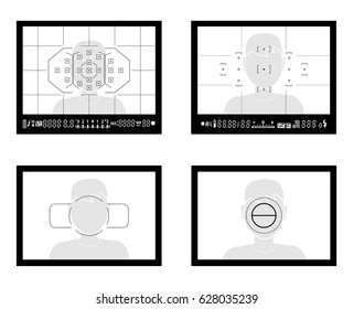 Viewfinder camera with human silhouette. ?amera focusing screen with settings DSLR. Vector illustration.