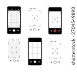 Viewfinder Camera interface in phone screen. Photo, video ui in cellphone. App for record from mobile cam. Grid, focus, button and rec. Smartphone mockup. Vector.