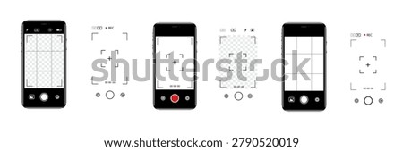 Viewfinder Camera interface in phone screen. Photo, video ui in cellphone. App for record from mobile cam. Grid, focus, button and rec. Smartphone mockup. Vector.