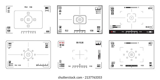 Viewfinder screen. Video and photo camera display frames. Camcorder or photography digital camera, DSLR focusing points screens, parameters adjustments or exposure settings scales vector overlays