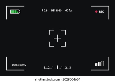 Viewfinder template isolated on black background. Screen photography frame for video, snapshot photography, focusing screen. Record frame camera. Cinematic view. Vector 10 eps