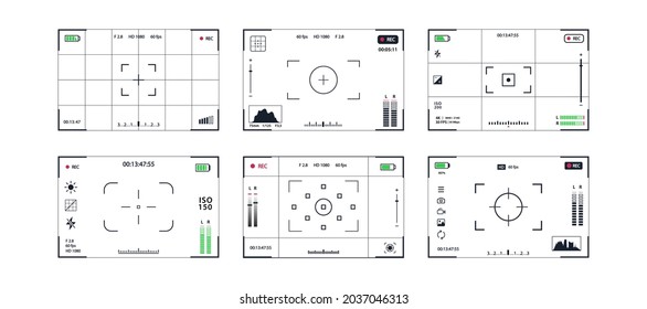 Viewfinder vector template set -record frame for camera isolated on black background. Night camera military viewfinder overlay. Screen photography frame for video, snapshot photography. 10 eps