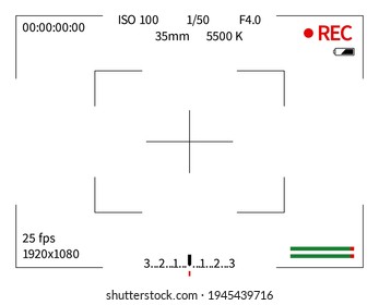 Viewfinder video camera. Realistic camcorder focus screen. White frame template of viewing digital display for film recording. Vector smartphone horizontal preview with zoom indicators