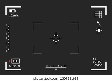 Video-Aufnahme des Sucher. Kamerafokussierungsbildschirm. Schwarze Bildschirmkamera mit Videoaufnahmen-Parametern, Bildqualitätsindikatoren. Digitale Zoomaufnahme für moderne Blogger, Vektorgrafik