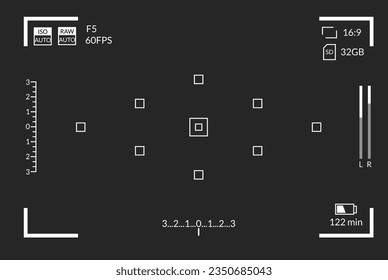 Viewfinder video recording. Camera focusing screen. Black screen camera with video shooting parameters, video quality indicators. Digital zoom recording for modern bloggers, vector illustration