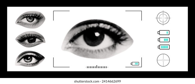 Viewfinder, vision test, art collage. 
Eye element constructor, photo frame, camera capture, video recording viewing, scene overview. Eye focusing, scale adjustment. Contemporary art. Vector.