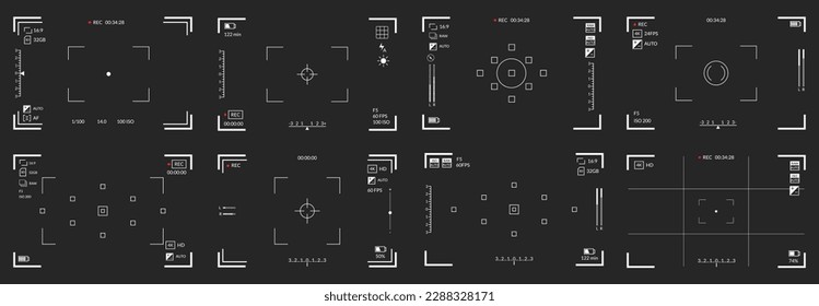 Viewfinders video recording. Camera focusing screen set. Black screen cameras with video shooting parameters, video quality indicators. Digital zoom recording for modern bloggers, vector illustration