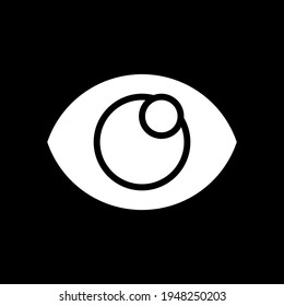 Visualización del icono de glifo en modo oscuro. Comprobando el proceso de trabajo del dispositivo. Mirando con el globo ocular. Menú de pantalla de teléfono. botón de interfaz de usuario de Smartphone. Símbolo de silueta blanca en el espacio negro. Ilustración aislada del vector