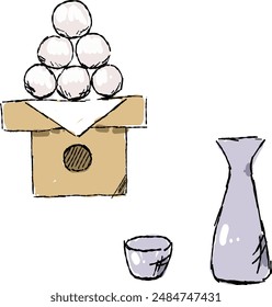 Viewing the moon freehand drawing illustration set of dumplings offered to the moon and a small sake cup and the sake bottle.