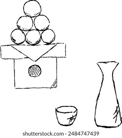 Viewing the moon line drawing illustration set of dumplings offered to the moon and a small sake cup and the sake bottle.