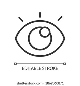 Viewing pixel perfect linear icon. Checking device working process. Looking how everything works. Thin line customizable illustration. Contour symbol. Vector isolated outline drawing. Editable stroke