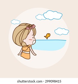 Viewing the Sea Girl / Lady / Woman Isolated Vector / Image / Illustration / Drawing / Cartoon / Animation