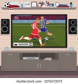 Viewing soccer game at home on big TV. Interior room of a football fan. Realistic cartoon style