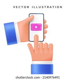 Viewing video on the phone in the user's hand, 3d style for UI UX graphic design. Phone in hands in vector cartoon comic style.