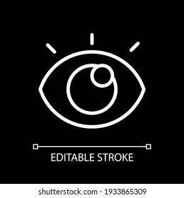 Viewing white linear icon for dark theme. Checking device working process. Looking with eyeball. Thin line customizable illustration. Isolated vector contour symbol for night mode. Editable stroke