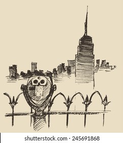 Viewpoint with binoculars (binocular viewer) and city skyline hand drawn vector illustration