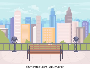 Viewpoint on downtown core flat color vector illustration. Perfect perspective on city architecture. Observation deck in daytime 2D simple cartoon cityscape with skyscrapers on background