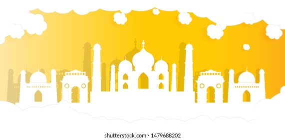 views of the city of india and taj mahal with world-famous landmarks in a paper-cut vector illustration. can be used for backgrounds, web templates, banners, landing pages.