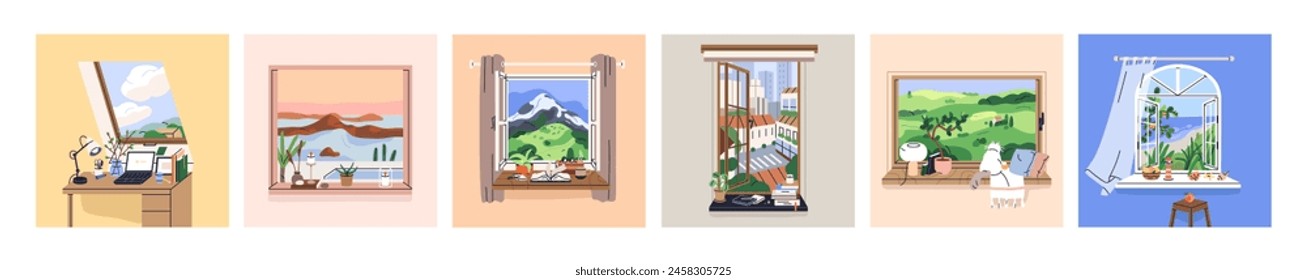 Views from cozy homes. Look out from open windows set. Beautiful nature and city landscapes, sea beach, countryside, field, mountain outside, windowsills, tables inside. Flat vector illustrations