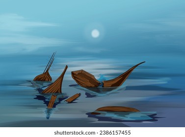 views of the daytime sea, with a pile of several shipwrecks