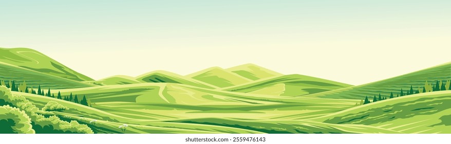 views of expansive green hills and valleys under bright blue skies.
