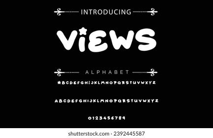 Views font modern bouncy typeset, lively friendly alphabet. Playful cheerful letters in Los Muertos Mexican style for menus, labels, signage, ads, crafts and comic book. Vector typographic design