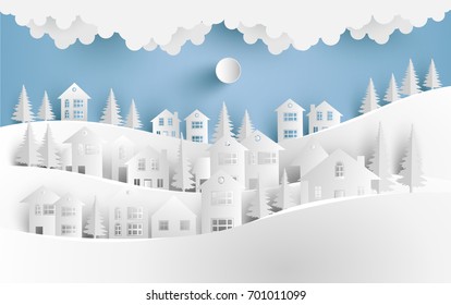 Views of the house in winter. Art paper and crafts. Houses and hills