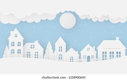 Views of the house in winter on a snowy day with full moon. Happy new year and Merry christmas, paper art, digital craft style, vector illustration.