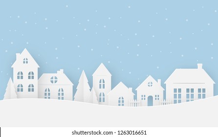 Views of the house in winter on a snowy day. Happy new year and Merry christmas, paper art, digital craft style, vector illustration.