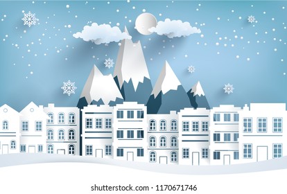 Views of the house in winter. paper art style