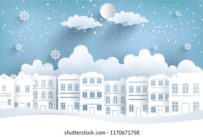 Views of the house in winter. paper art style