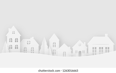 Views of the house in winter season. Happy new year and Merry christmas, paper art, digital craft style, vector illustration.