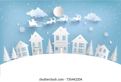 views of housing in winter. winter illustration with home and santa clause. paper art design