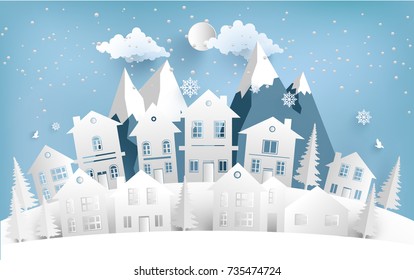 views of housing in winter. Winter illustration with home. paper art design