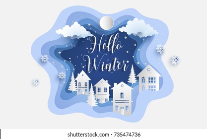 views of housing in winter. Winter illustration with home. paper art design