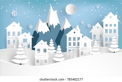 views of housing in winter. winter illustration with home. paper art design