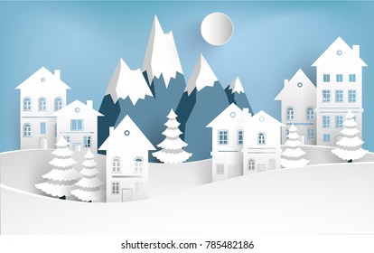 views of housing in winter. winter illustration with home. paper art design