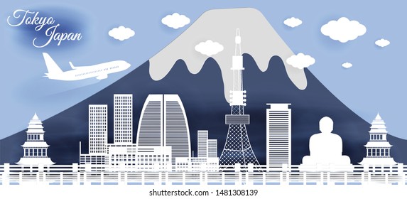 views of japan and with world-famous landmarks in a paper-cut vector illustration. can be used for backgrounds, web templates, banners, landing pages.