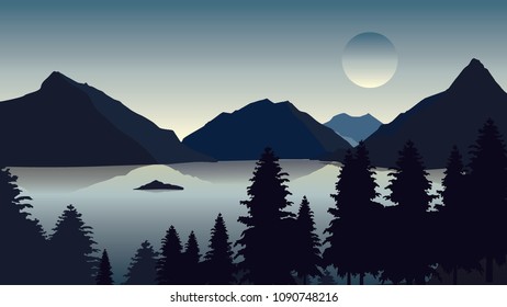 views of the lake surrounded by mountains, pine trees during the full moon. vector design