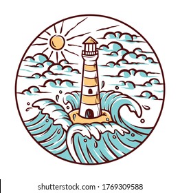 views of lighthouse and waves illustration