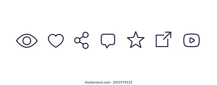 Views, likes, share, comment and rate icons, line vector