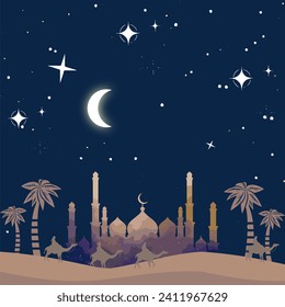 Views of a mosque in the desert at night, dates palm tree, travelers riding camels, the moon and stars twinkling in the sky. Suitable for ramadhan or muslims event etc.