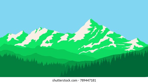 Views of mountain range with some snow on the top hat of the mountain in the winter sunshine holiday day with greenery mountain range in foreground 