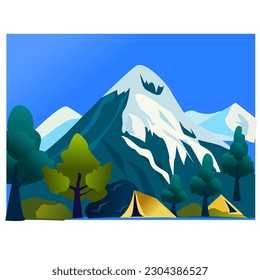views of the mountains covered in snow and there are camping tents