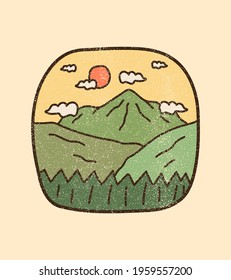 views of the mountains and forest on the cloudy day in grunge effect for T-shirt Design, Patch emblem badge design, smart phones case