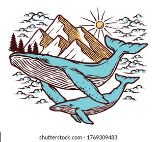 Views of mountains and whales vector illustration