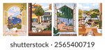 Views from open windows, cards set. Nature and city landscapes from inside cozy home rooms. Flower vase, coffee, cat on windowsill, sea and town scenery outside, postcards. Flat vector illustrations